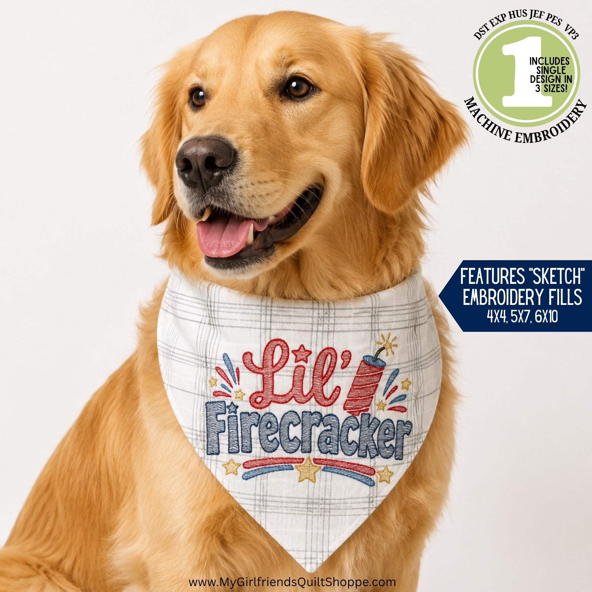 Dog wearing a 'Lil' Firecracker' bandana with promotional text overlay on a white background