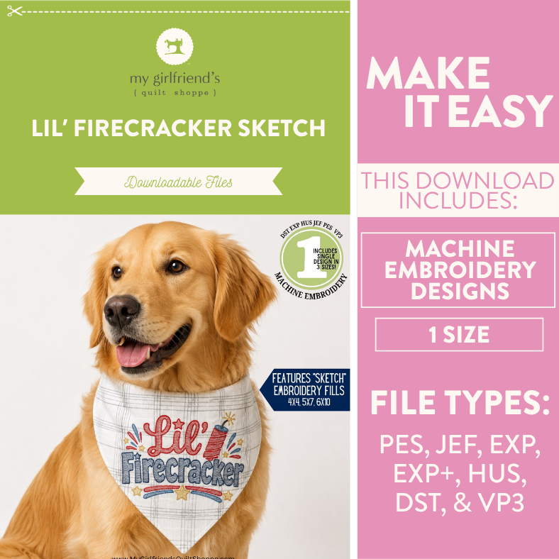 Dog wearing a 'Lil' Firecracker' bandana with embroidery design information on a green and pink background.
