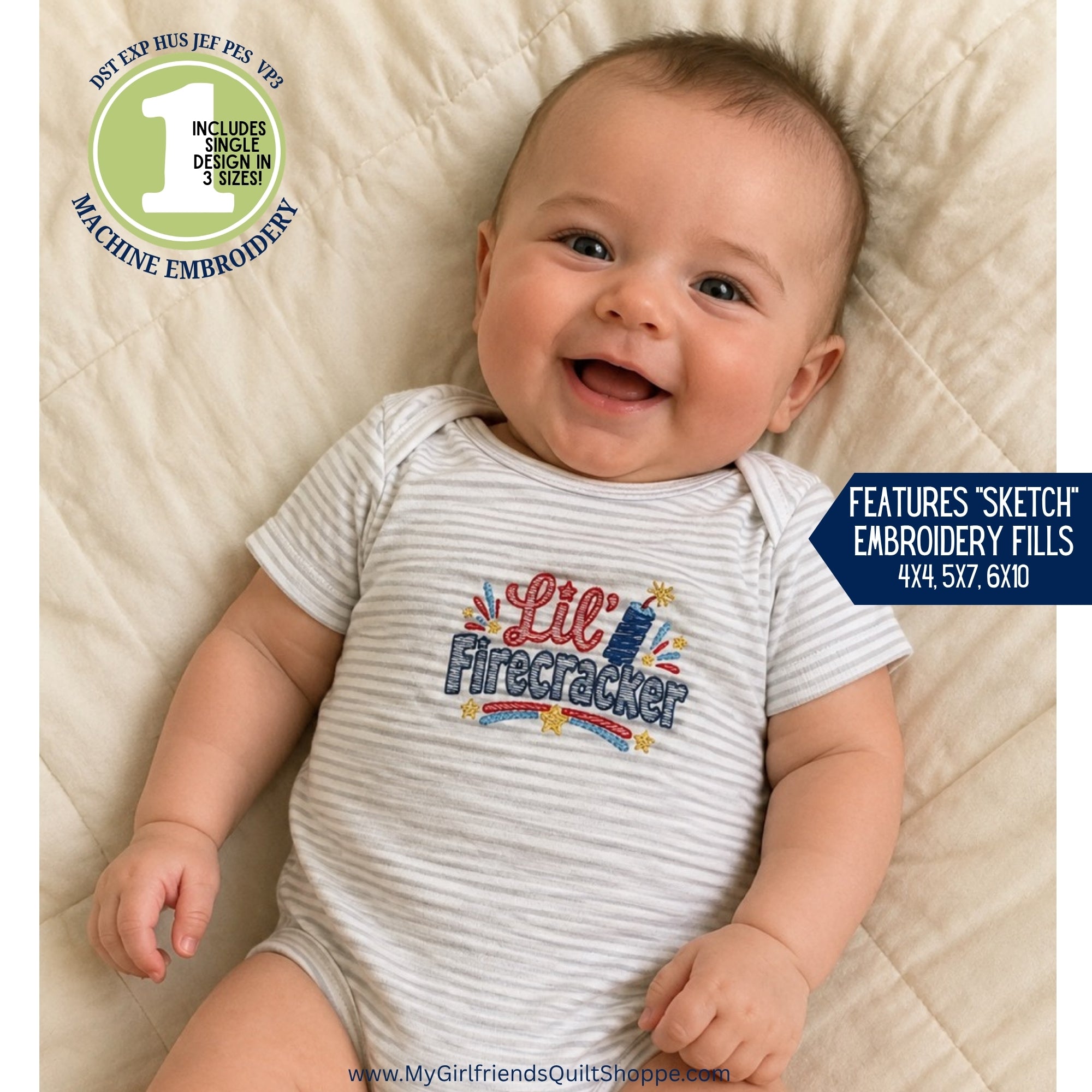 A smiling baby lying on a cream quilted blanket, wearing a light gray and white striped short-sleeve bodysuit with a colorful 'Lil' Firecracker' embroidery design on the chest. Promotional text overlays and a website URL are visible on the image.