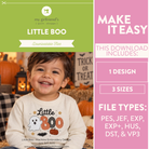 Promotional graphic for a downloadable machine embroidery design featuring a smiling child in a white shirt with a ghost and 'BOO' design, alongside text reading 'LITTLE BOO' and 'MAKE IT EASY' with file type and size details.