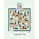 A quilt pattern cover for 'Log Cabin-ish #105' by Jen Belnap Design, showing a colorful quilt design with orange, black, gray, and white patterned fabric blocks on a light green background.