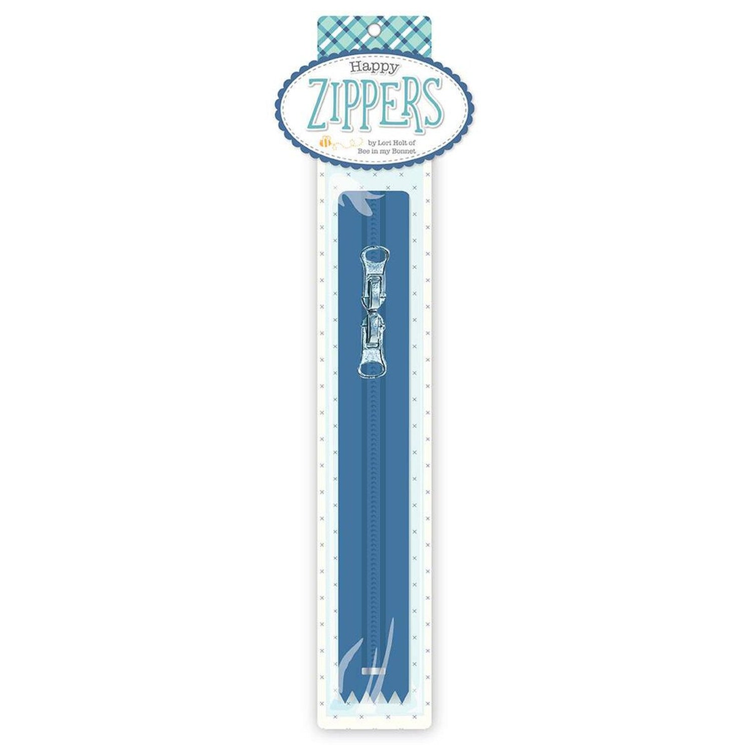 Blue zipper on a white card with 'Happy Zippers' branding.