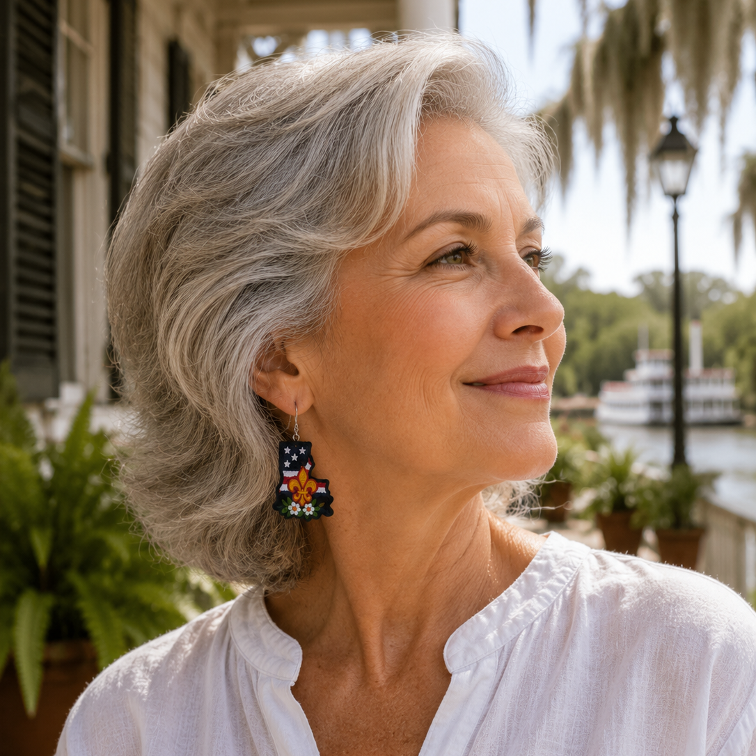 Woman with gray hair wearing a white blouse and colorful earrings, standing outdoors.