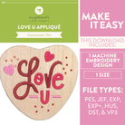 Heart-shaped wooden applique with 'Love U' text and pink hearts, featuring My Girlfriend's Quilt Shoppe branding.