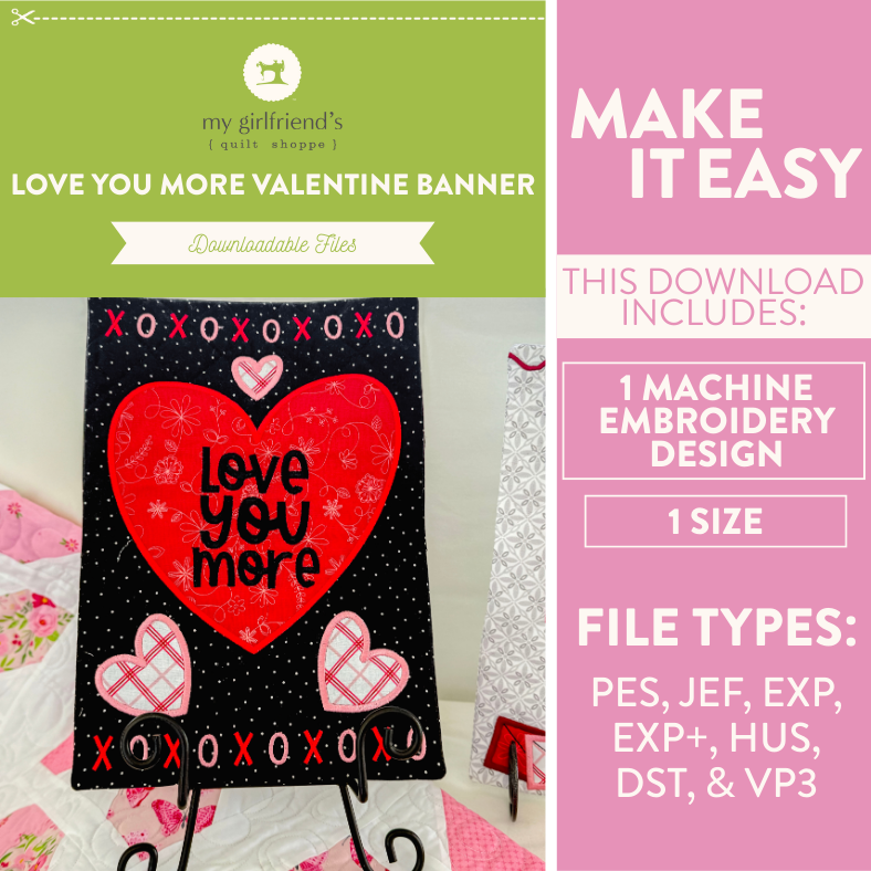 Valentine's Day banner with heart design and text, featuring embroidery file information.