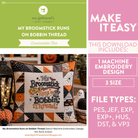 Promotional graphic for a downloadable machine embroidery design titled 'My Broomstick Runs on Bobbin Thread.' The left side shows a finished embroidered throw pillow with a patchwork Halloween-themed design and the title stitched in the center.