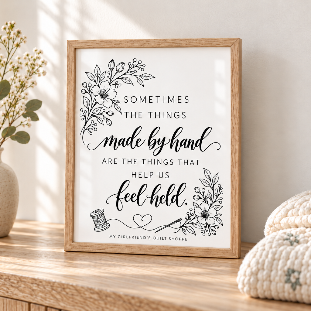 A framed typographic wall art print with black floral illustrations and the phrase “Sometimes the things made by hand are the things that help us feel held,” displayed on a wooden surface beside a vase of dried flowers and folded knit blankets.