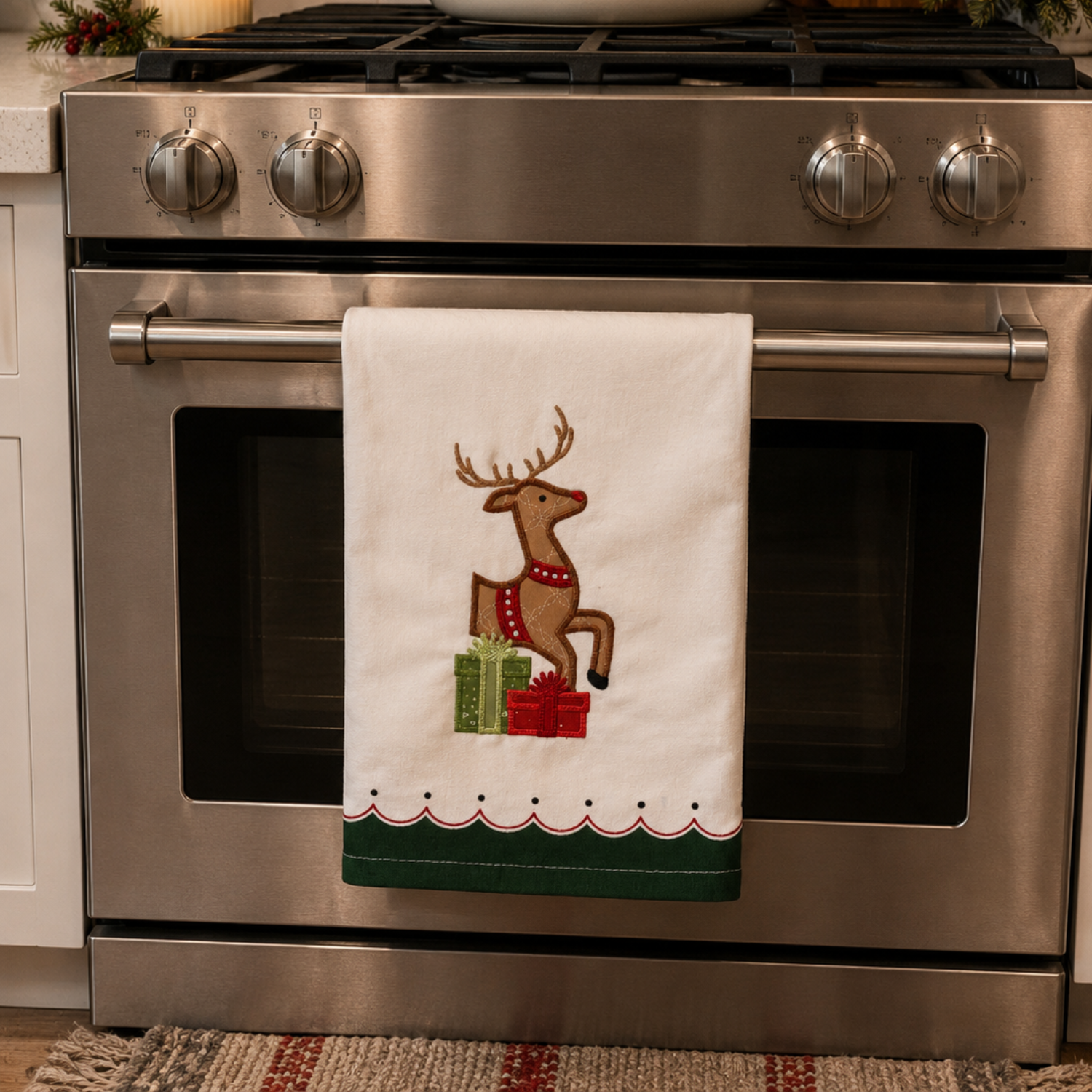 A white kitchen towel with an embroidered brown reindeer and green/red gift box design hanging on the handle of a stainless steel gas range. The oven door is closed, with a white Dutch oven on the stovetop and holiday decor in a kitchen setting.