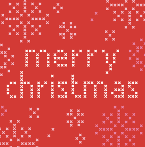 A festive red square graphic with white pixelated text reading 'MERRY christmas' and white snowflake patterns in the corners.