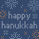 A square graphic with the words “happy Hanukkah” in white pixelated letters on a dark blue background, surrounded by white snowflakes and small orange and white star-like motifs.