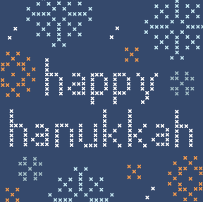 A square graphic with the words “happy Hanukkah” in white pixelated letters on a dark blue background, surrounded by white snowflakes and small orange and white star-like motifs.