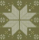 A square knit pattern design featuring a central six-pointed star and surrounding snowflake motifs in white and light beige yarn on an olive green background.