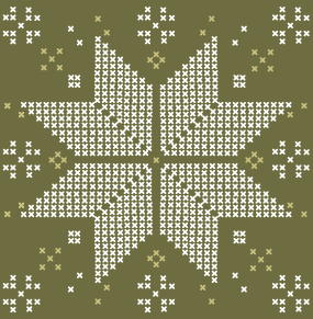 A square knit pattern design featuring a central six-pointed star and surrounding snowflake motifs in white and light beige yarn on an olive green background.