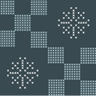 A repeating knit pattern featuring light blue and white geometric squares and snowflake-like motifs on a dark slate blue background.