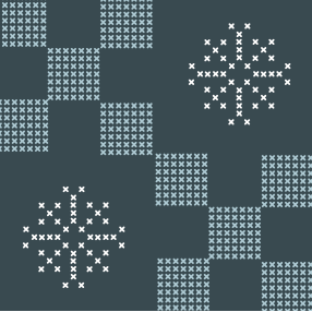 A repeating knit pattern featuring light blue and white geometric squares and snowflake-like motifs on a dark slate blue background.