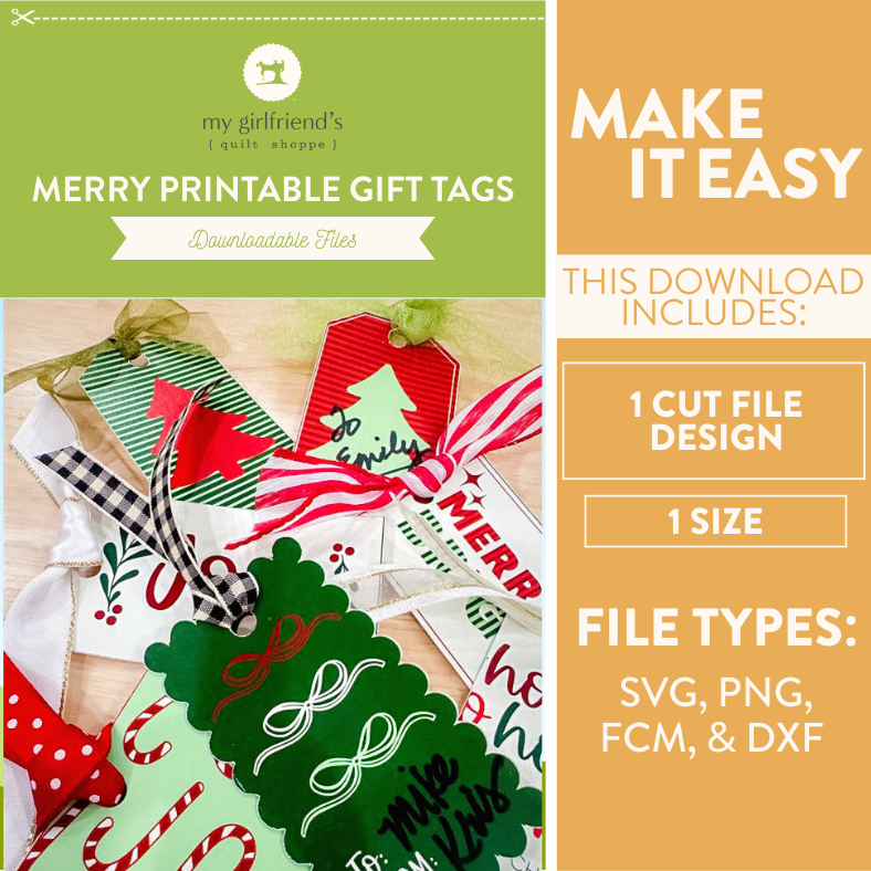 Merry printable gift tags with a green banner and orange sidebar displaying download information.