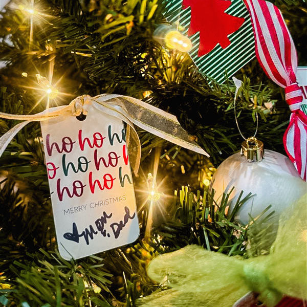 Decorative Christmas tags on a tree with lights and ornaments.