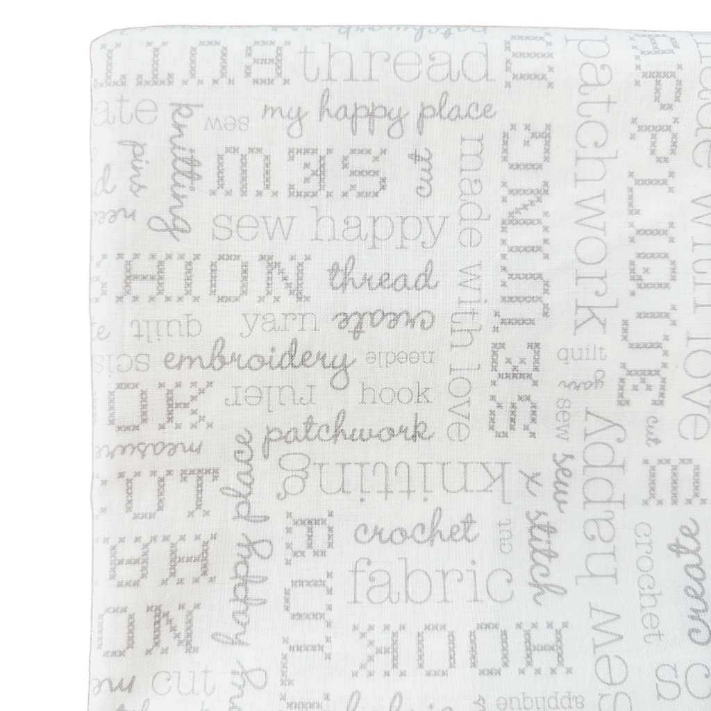 Grey sewing text on a white background. 