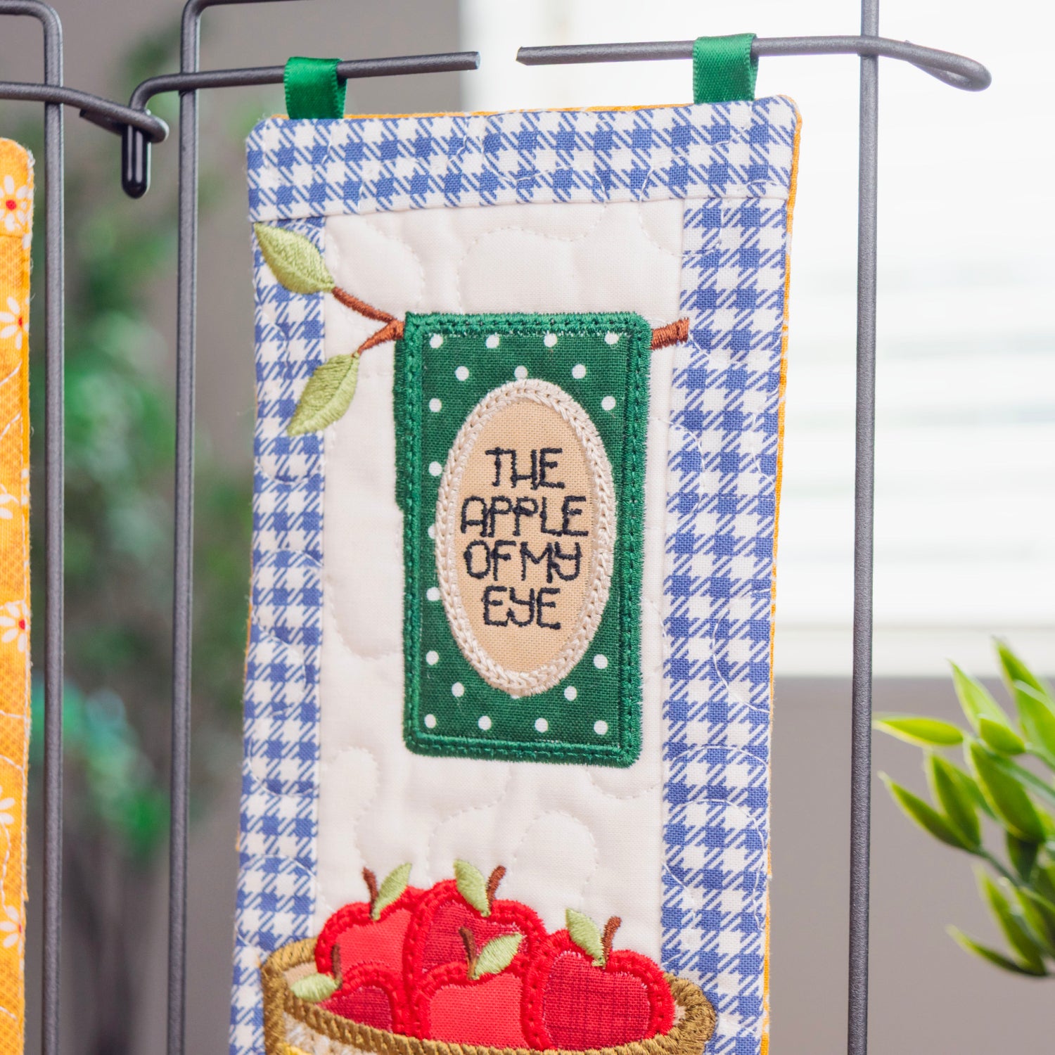 Two decorative quilted fabric wall hangings displayed on a metal rack. The right panel features a blue-and-white gingham border, a green embroidered patch reading “THE APPLE OF MY EYE,” and red apples at the bottom.