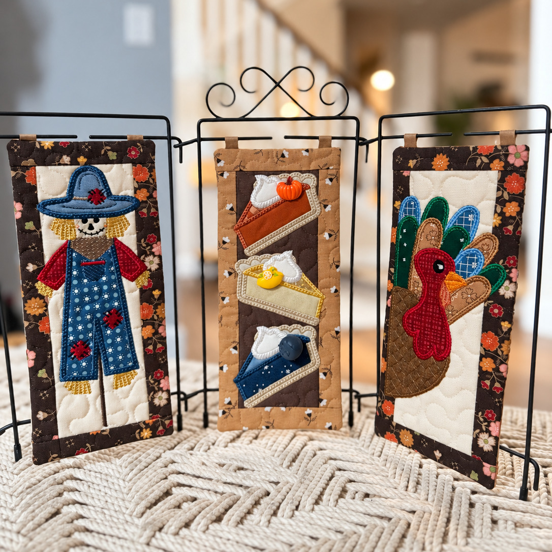 Three vertical fabric wall art panels displayed on a black metal stand in a home setting. The left panel shows a scarecrow in a blue outfit, the center panel shows stacked slices of pie, and the right panel shows a turkey with a red head and blue patterned wings.