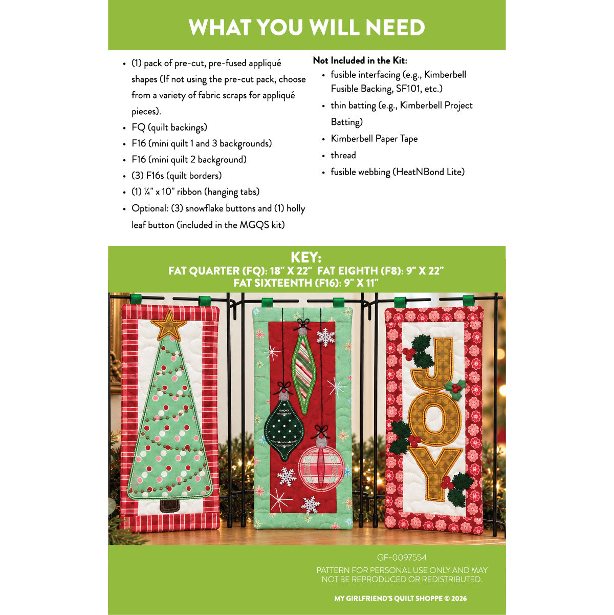 A product information sheet for a quilting pattern, titled 'WHAT YOU WILL NEED' with a key and photos of three finished quilted hanging panels decorated with Christmas motifs. The sheet includes text about included and excluded materials and a brand footer reading 'MY GIRLFRIEND'S QUILT SHOP'.