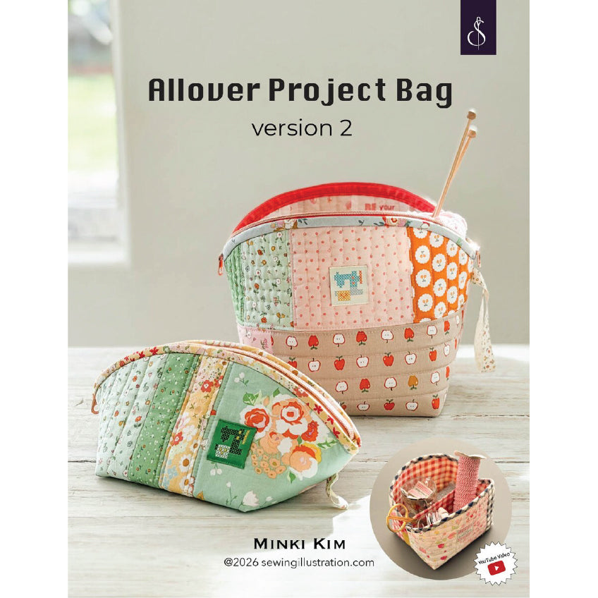 Promotional image for the 'Allover Project Bag version 2' sewing pattern by Minki Kim, showing two patchwork fabric zippered bags on a light wood surface. One bag is upright in the background with a red lining and a wooden spoon inside, and the other is laid flat in the foreground.