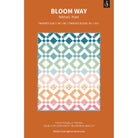 Pattern cover for 'Bloom Way' quilt by Minky Kim, featuring a central quilt design with a geometric diamond pattern in shades of teal, blue, green, pink, orange, and white, set against an orange background with text details.