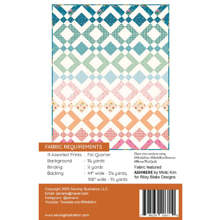 Back cover of a sewing pattern package showing a quilt fabric design with a multicolor geometric pattern, along with fabric requirements and a barcode.