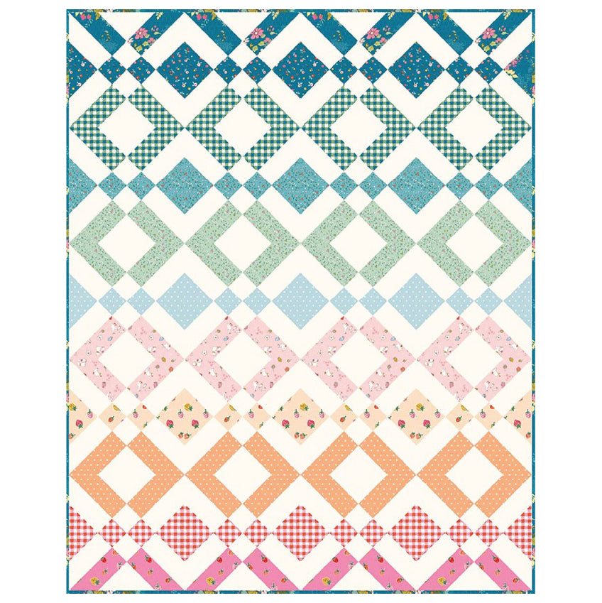 A square quilted fabric panel featuring a geometric diamond pattern with a vertical color gradient. The design transitions from teal and blue at the top, through mint green, light blue, pink, peach, and red gingham, ending with pink floral patterns at the bottom.
