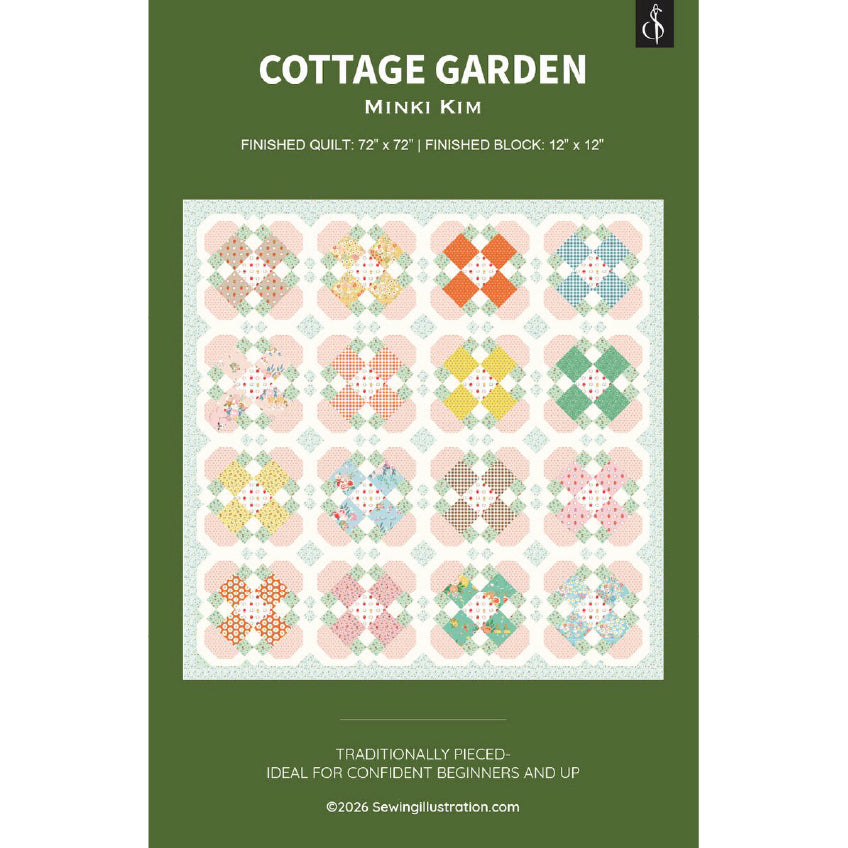 Front cover of a sewing/quilt pattern titled "Cottage Garden" by Minky Kim, showing a central quilt design with pastel floral and geometric blocks on a dark green background with white text.