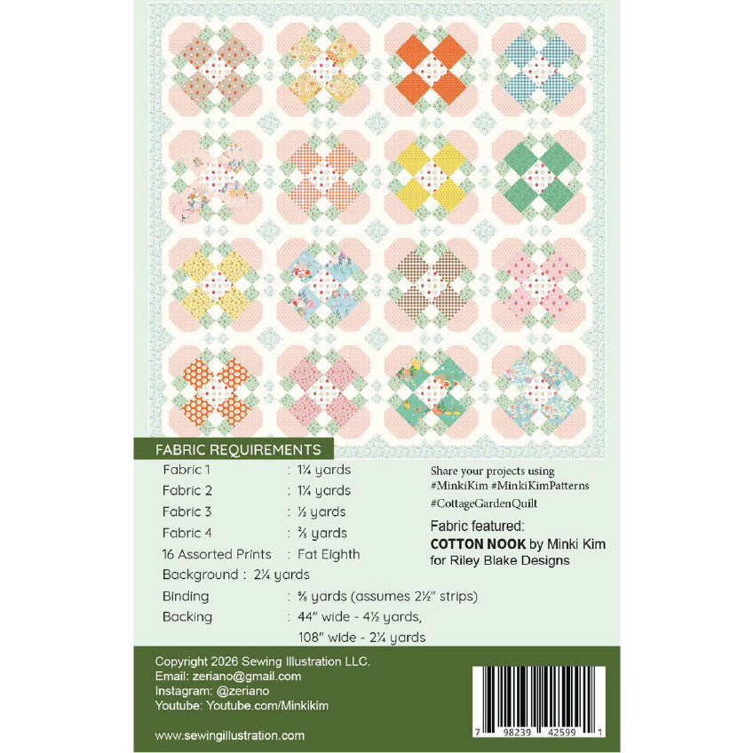 Back cover of a sewing pattern fabric book showing a grid of quilt pattern designs, fabric requirements, and a barcode on a white and green background.