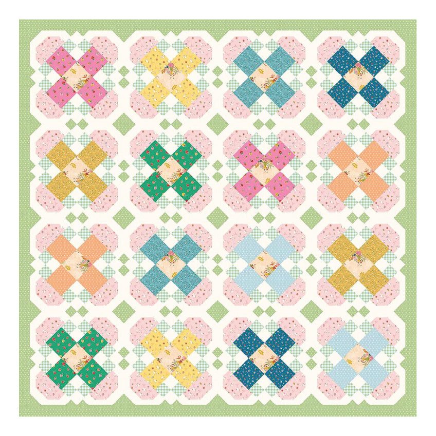 A quilt block pattern featuring a 4x4 grid of colorful floral starburst motifs on a white background with a light green border.