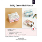 Promotional graphic for the Daily Essential Pouch sewing pattern by Minki Kim, showing three finished pouch designs in different fabrics and colors, along with fabric requirements and a small sewing machine illustration.