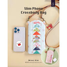 Slim phone crossbody bag with geometric pattern next to a smartphone on a beige background