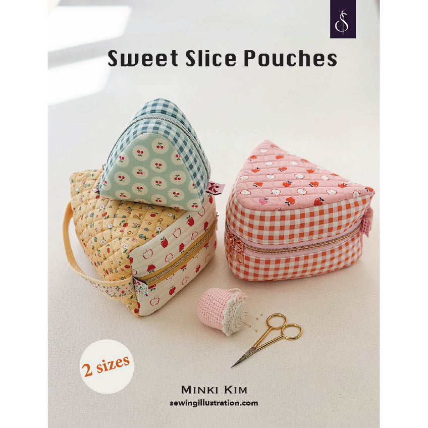 A product cover for 'Sweet Slice Pouches' by Minki Kim, showing two triangular zippered fabric pouches with cute patterns (floral and gingham) alongside a spool of pink thread and gold scissors on a light background.