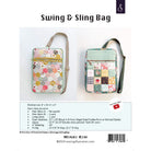 Pattern cover for 'Swing & Sling Bag' by Minki Kim, showing two patchwork-style shoulder bags with floral and geometric prints, plus fabric requirements and a small video preview on a white background.
