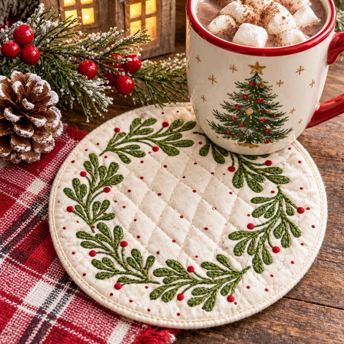 A round quilted Christmas-themed coaster in cream with green wreath embroidery and red berry accents, shown on a rustic wooden surface with a matching red-and-white plaid cloth, a decorated mug, pinecones, and holiday greenery.
