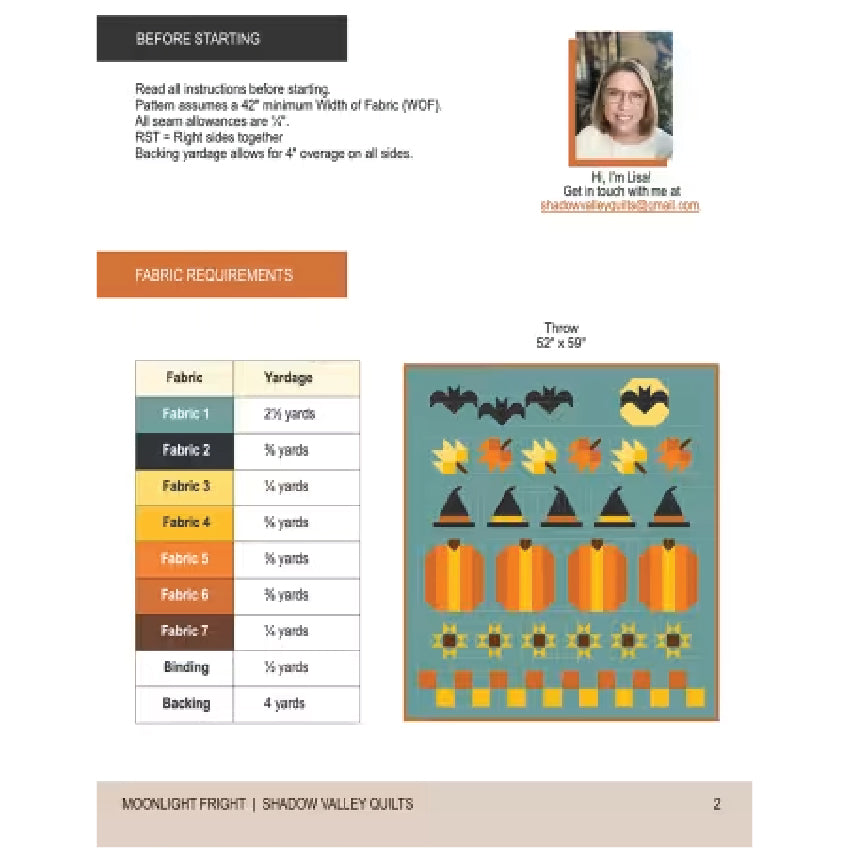 A flat lay of a quilting pattern sheet titled 'Moonlight Fright | Shadow Valley Quilts' showing fabric requirements, a small portrait of a woman labeled 'I'm User,' and a printed design with bats, pumpkins, acorns, and sunflowers on a teal background.
