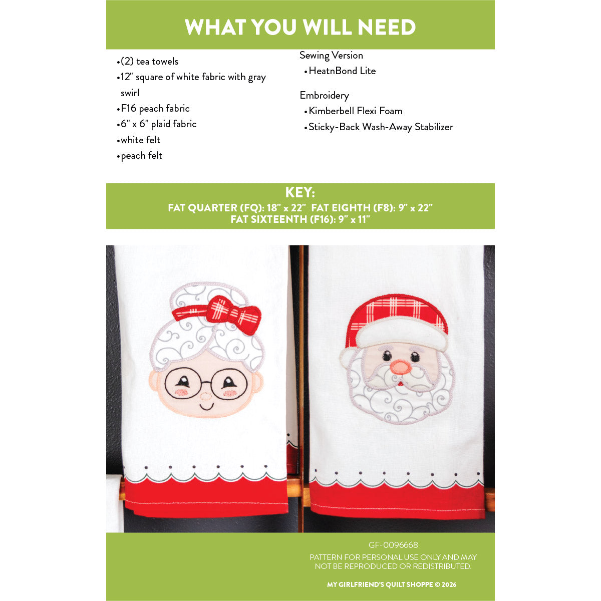 A pattern instruction sheet for a Christmas-themed fabric towel set, showing the required materials, a size key, and two sample towel designs featuring a baby Jesus and Santa Claus faces on white fabric with red and gray details.