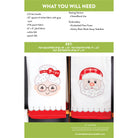 A pattern instruction sheet for a Christmas-themed fabric towel set, showing the required materials, a size key, and two sample towel designs featuring a baby Jesus and Santa Claus faces on white fabric with red and gray details.