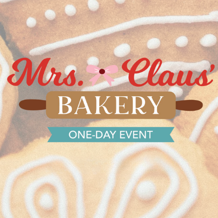 Advertisement for Mrs. Claus' Bakery with a gingerbread cookie design in the background