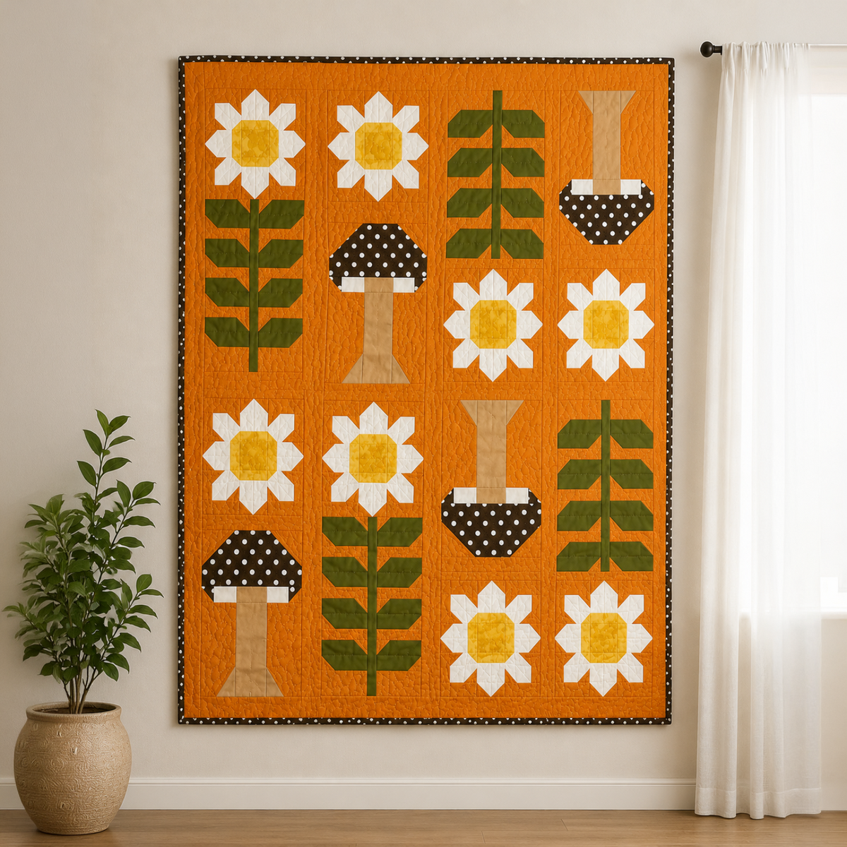 A large quilted wall hanging or tapestry featuring a mid-century modern floral and mushroom pattern on an orange background, styled in a room setting with a potted plant and white curtains.