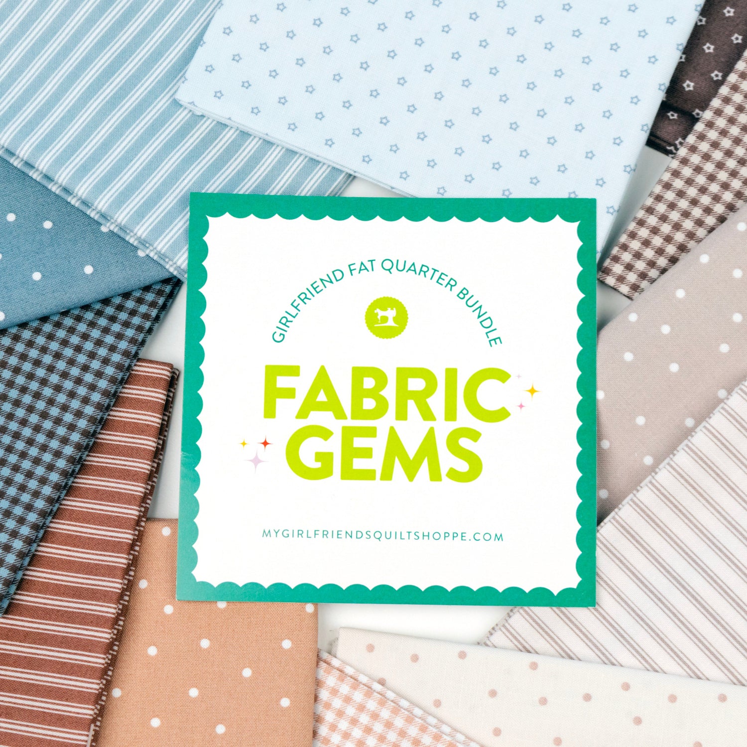 Collection of fabric swatches with a 'Fabric Gems' label in the center.