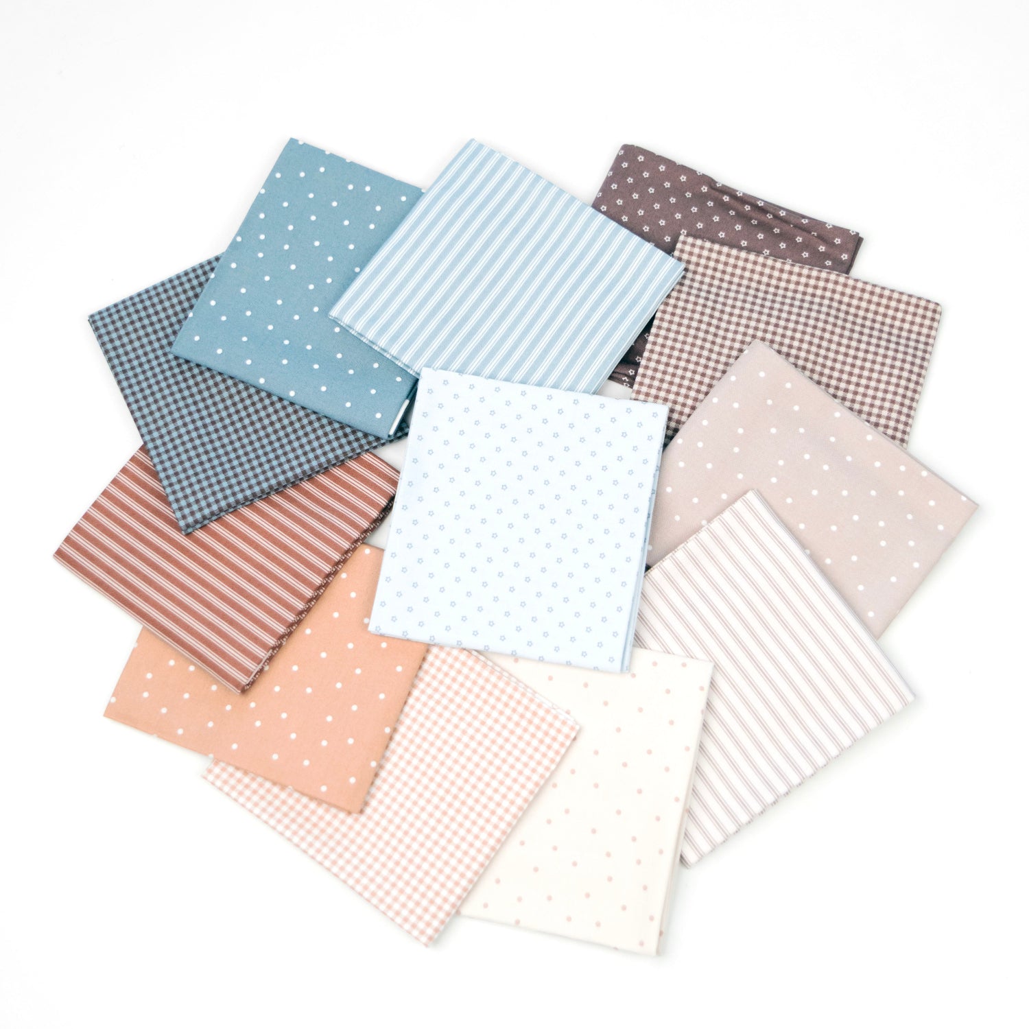 Collection of various patterned fabric squares on a white background