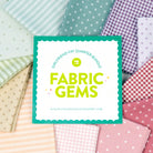 Collection of colorful fabric swatches with 'Fabric Gems' branding in the center.