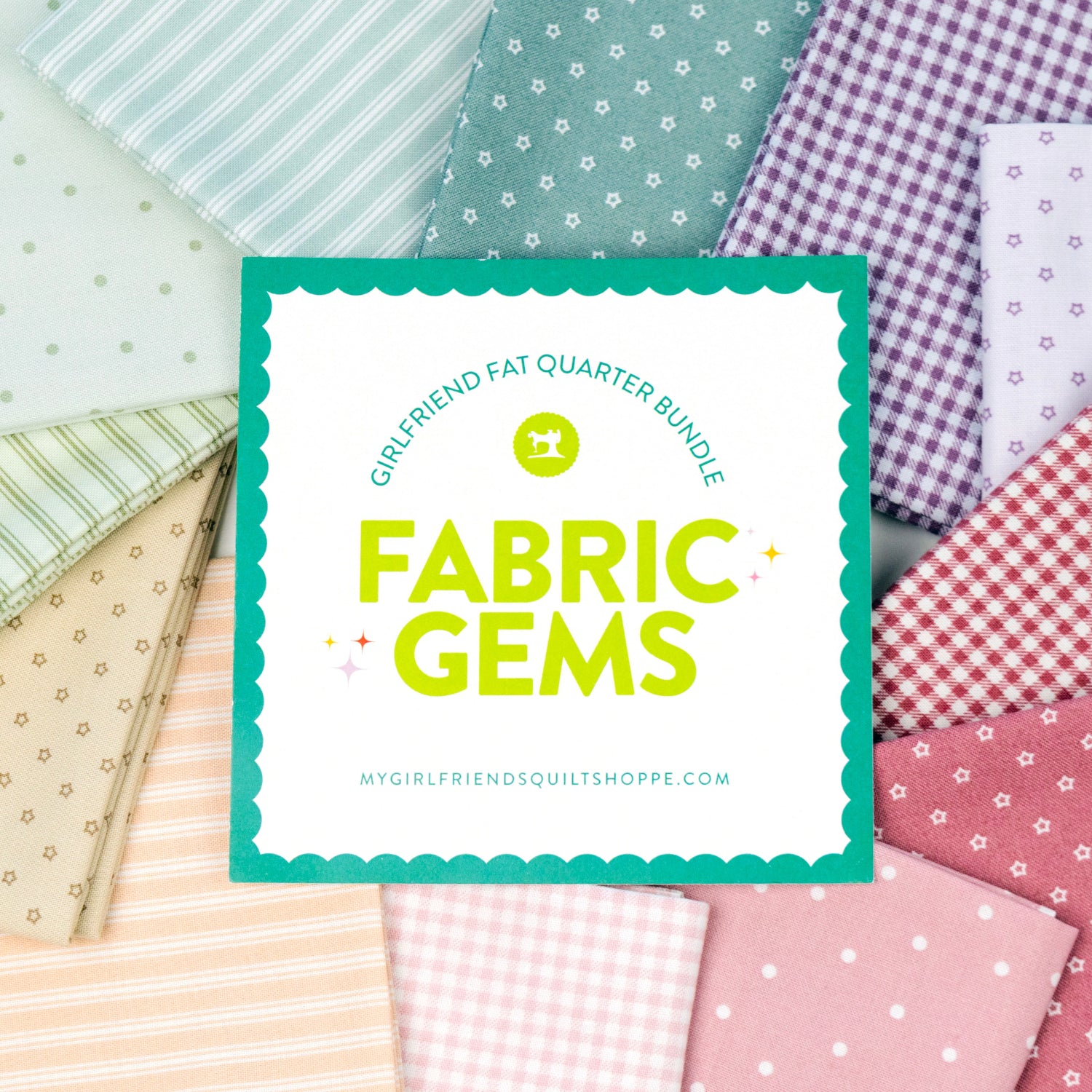 Collection of colorful fabric swatches with 'Fabric Gems' branding in the center.