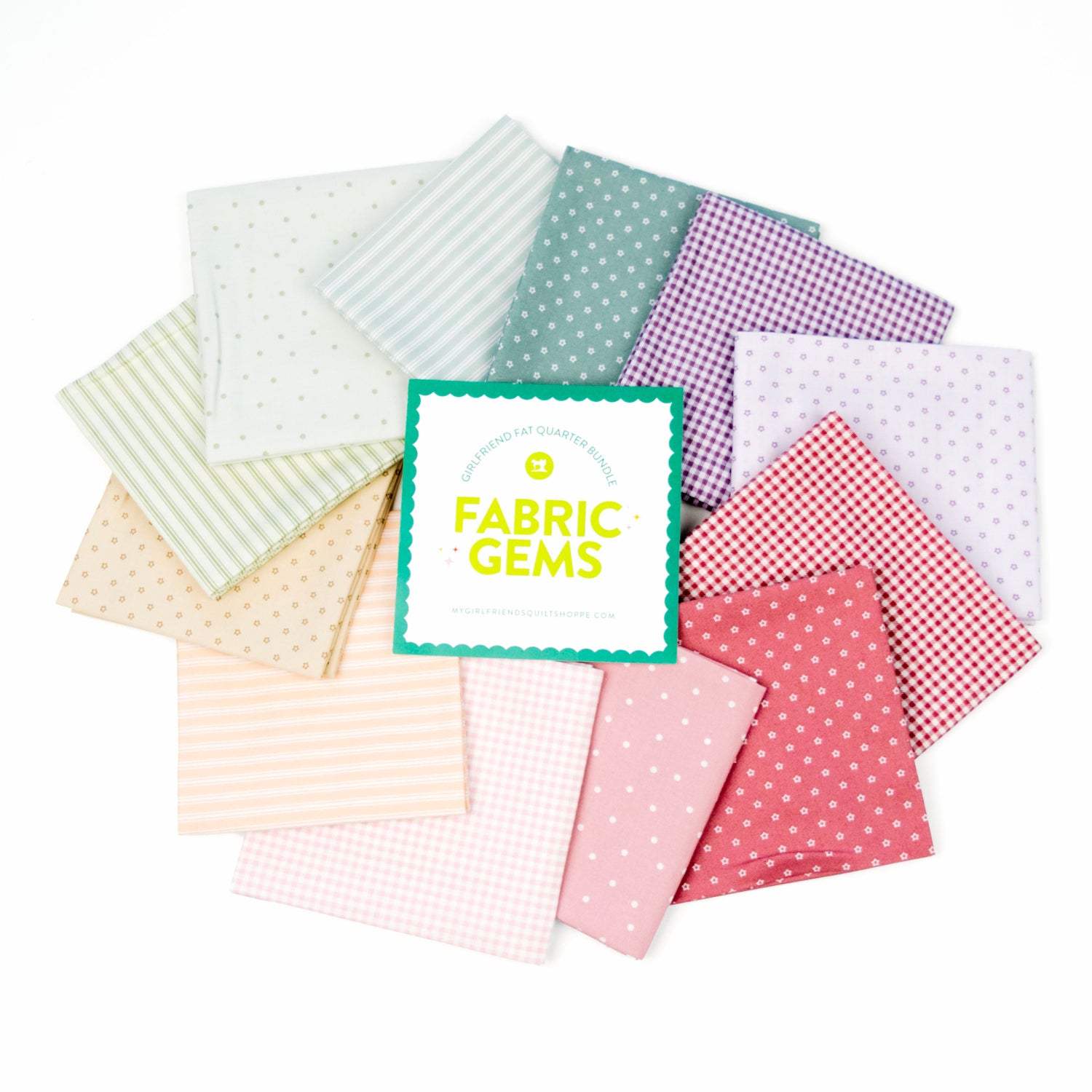 Collection of colorful fabric swatches with a 'Fabric Gems' logo on a white background