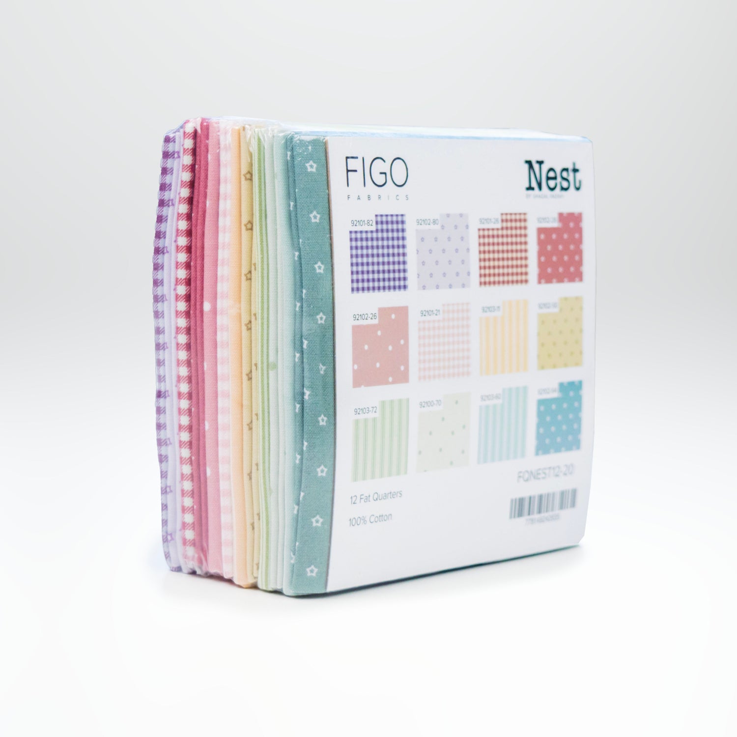 Pack of fabric swatches with 'FIGO' and 'Nest' branding on a white background