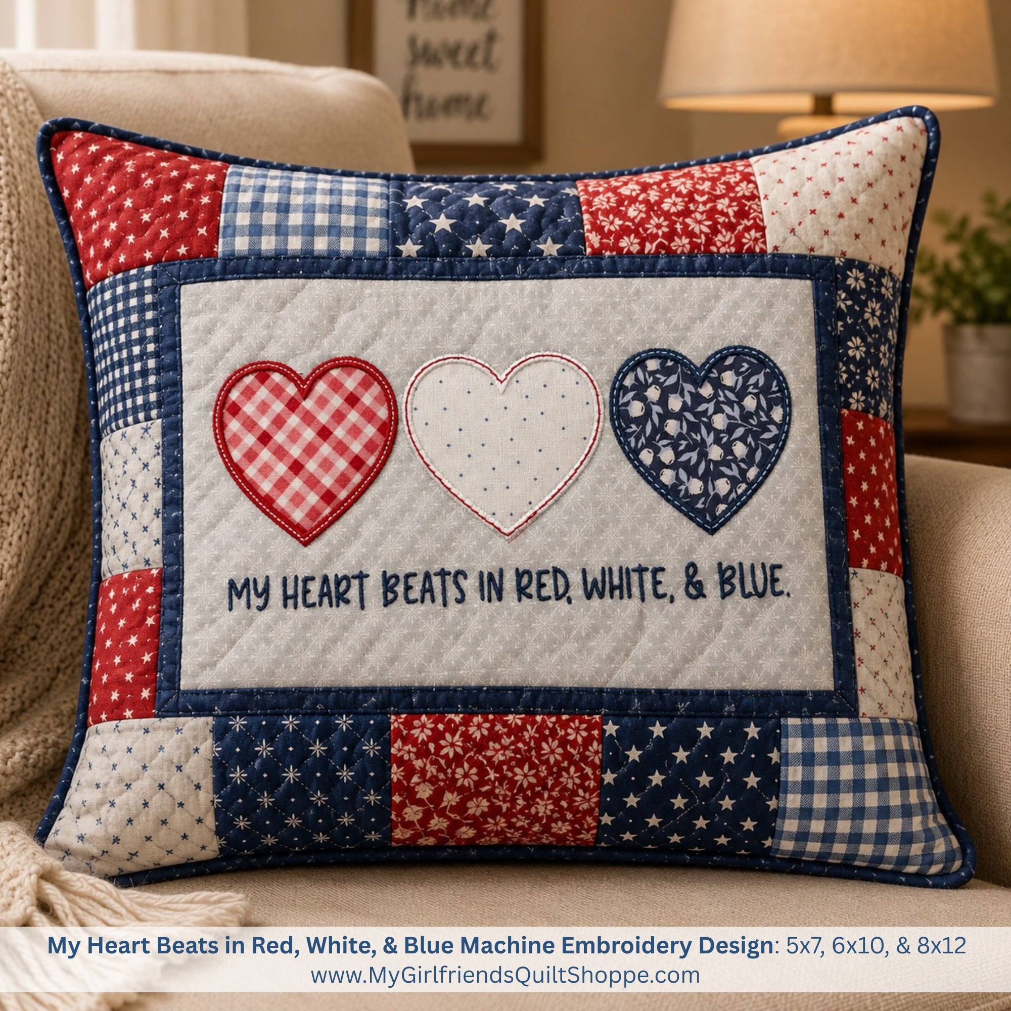 Decorative pillow with heart designs and text on a couch