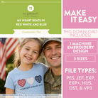 Product packaging for a machine embroidery design featuring a man and a child with an American flag in the background.